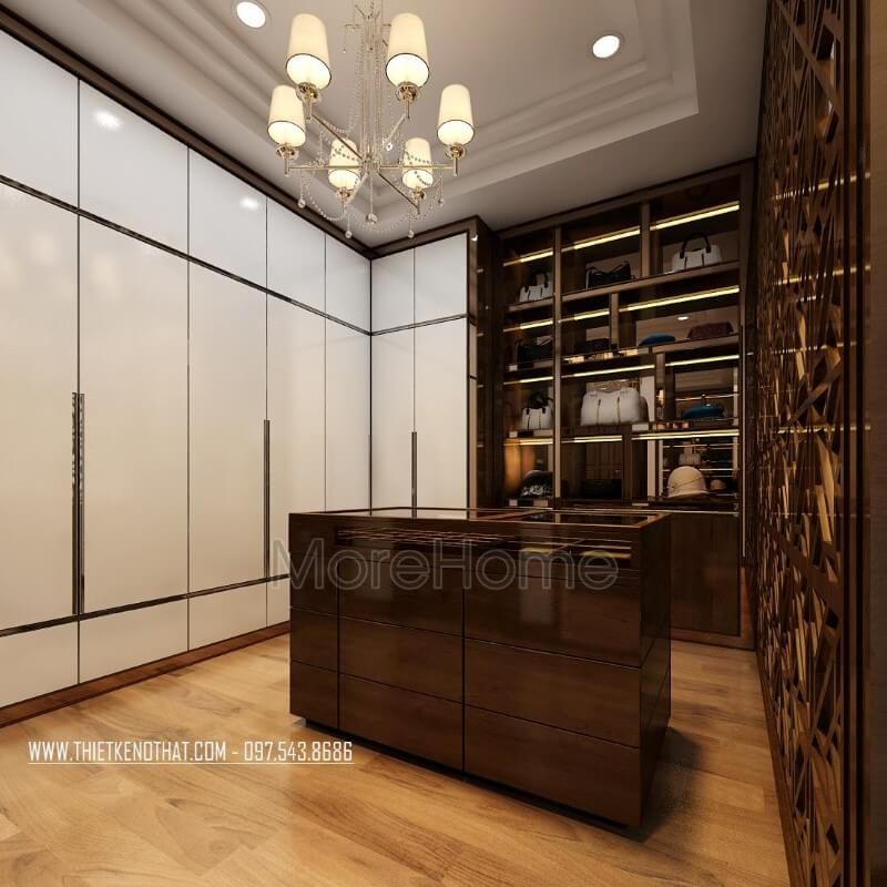 Tủ quần áo được thiết kế từ gỗ công nghiệp âm tường và viền gỗ tự nhiên đẹp mắt, độc đáo.